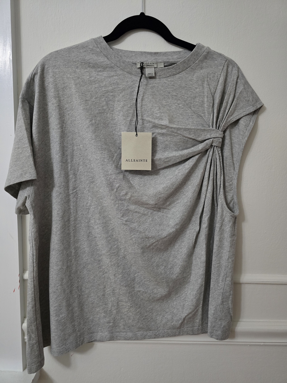 AllSaints Light Gray Crewneck Tee with Tag Detail
